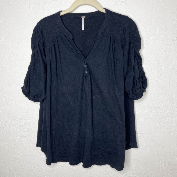 Free People | Black Blouse Fever Dream Split Neck Top Ruffle Medium - Picture 2 of 12